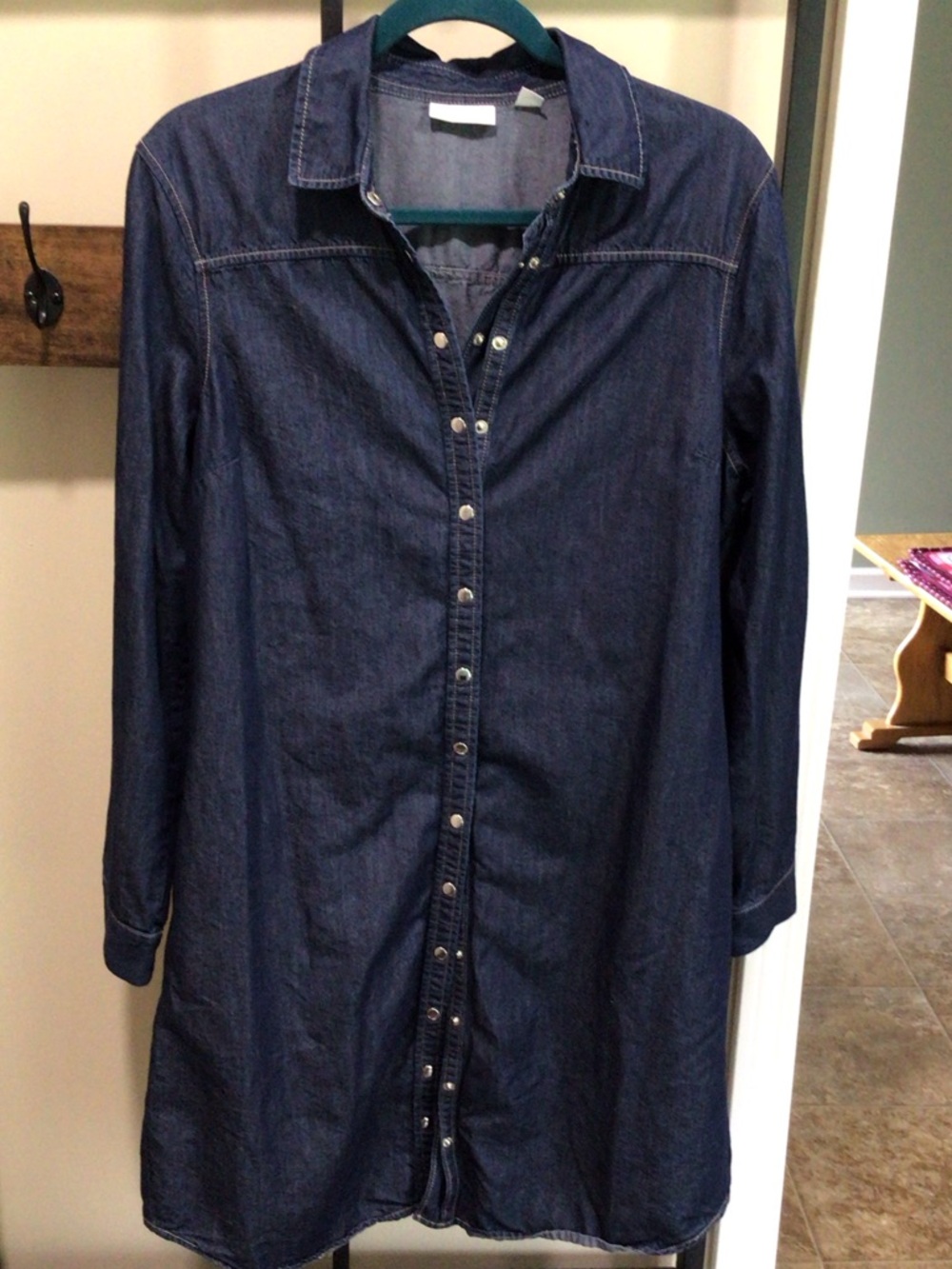 New York & Company Dark Indigo Denim Shirt Dress Snap Front L